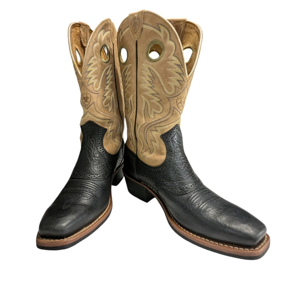 ARIAT 34832 Men's Black Tan Leather Square Toe Cowboy Boots Size 9.5D